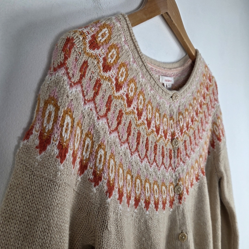Sundance Wool Long Sleeve Button Up Fair Isle Cardigan Sweater - Picture 3 of 9